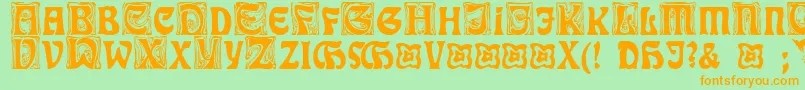 フォントRudelsbergInitialen – オレンジの文字が緑の背景にあります。