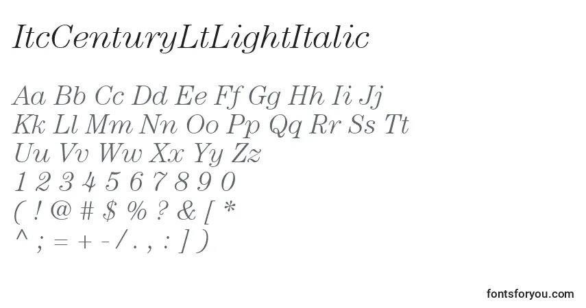 A fonte ItcCenturyLtLightItalic – alfabeto, números, caracteres especiais