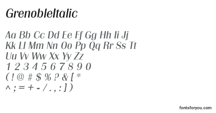 A fonte GrenobleItalic – alfabeto, números, caracteres especiais