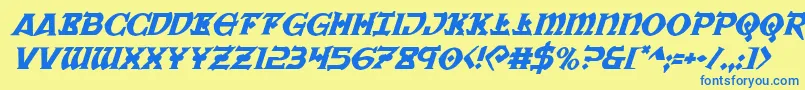 フォントWarpriestital – 青い文字が黄色の背景にあります。