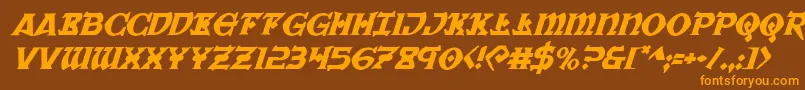 フォントWarpriestital – オレンジ色の文字が茶色の背景にあります。