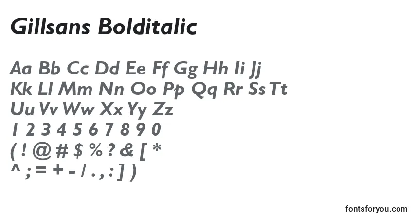 A fonte Gillsans Bolditalic – alfabeto, números, caracteres especiais