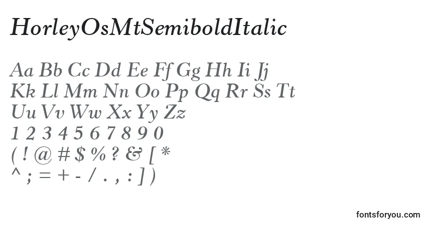 Schriftart HorleyOsMtSemiboldItalic – Alphabet, Zahlen, spezielle Symbole