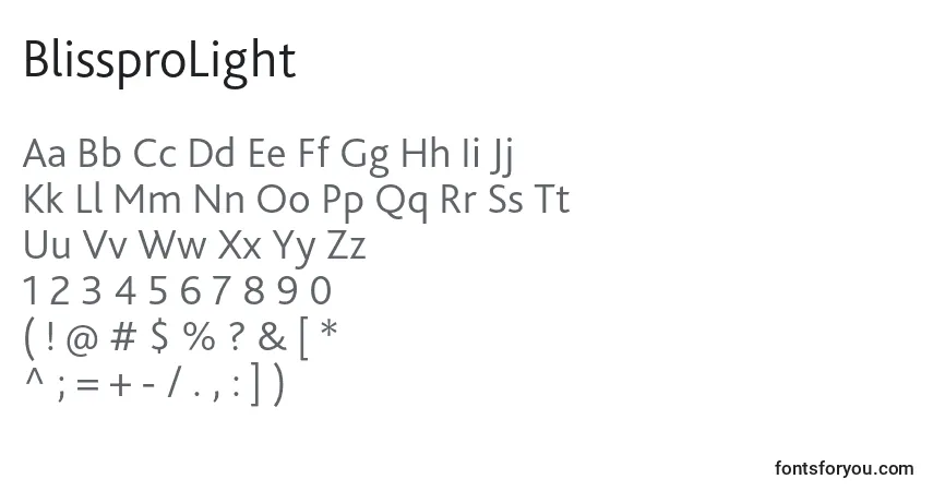 Шрифт BlissproLight – алфавит, цифры, специальные символы