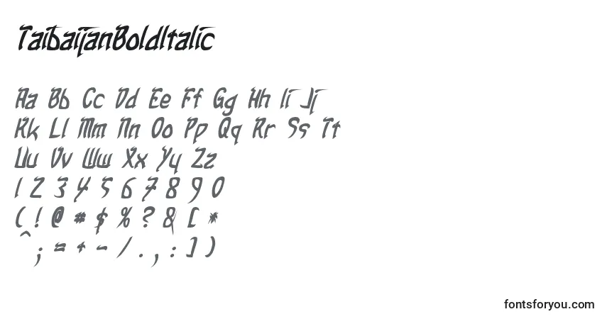 A fonte TaibaijanBoldItalic – alfabeto, números, caracteres especiais
