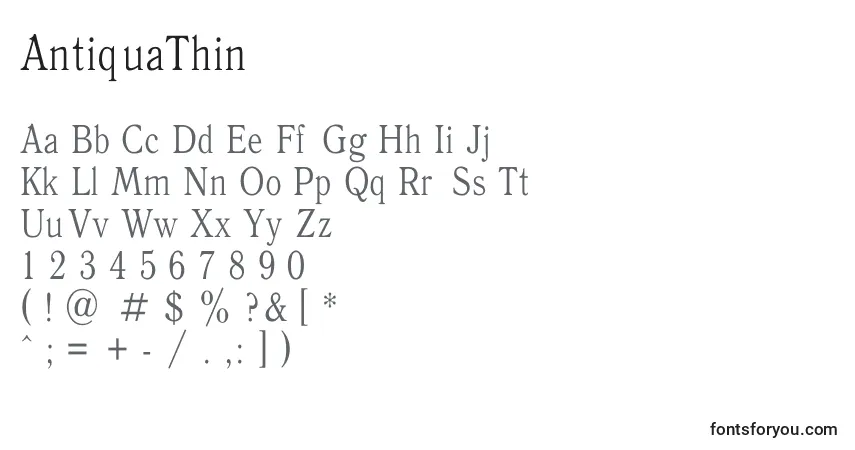 Schriftart AntiquaThin – Alphabet, Zahlen, spezielle Symbole