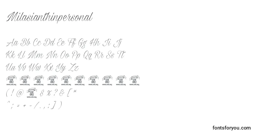Czcionka Milasianthinpersonal – alfabet, cyfry, specjalne znaki