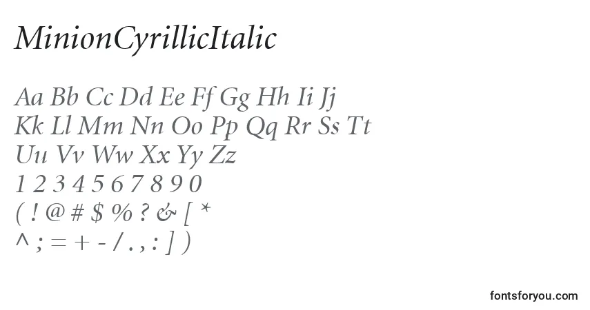 Schriftart MinionCyrillicItalic – Alphabet, Zahlen, spezielle Symbole