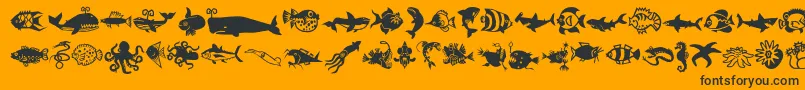 Minipicslilfishies-Schriftart – Schwarze Schriften auf orangefarbenem Hintergrund