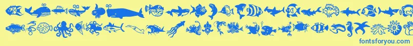 Minipicslilfishies-Schriftart – Blaue Schriften auf gelbem Hintergrund