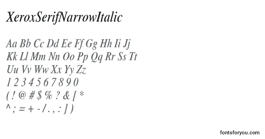 Czcionka XeroxSerifNarrowItalic – alfabet, cyfry, specjalne znaki