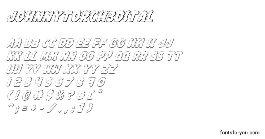 Johnnytorch3Dital-fontti – aakkoset, numerot, erikoismerkit