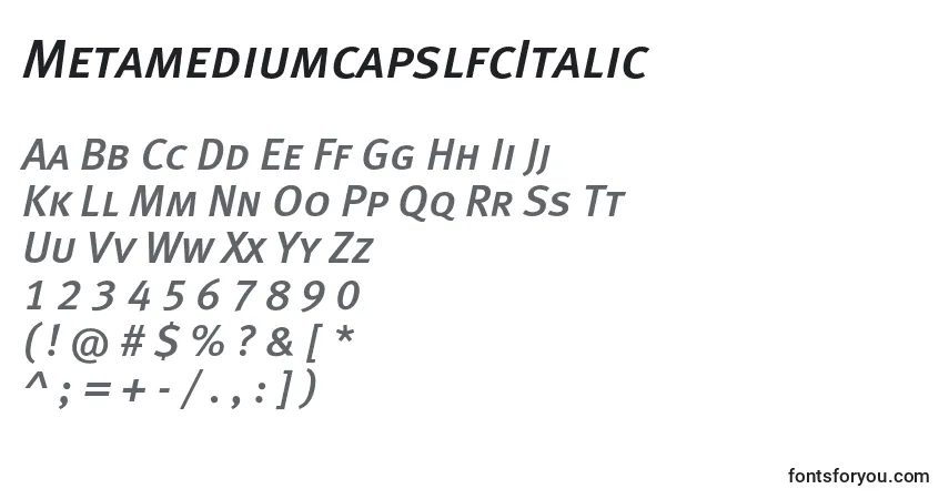 A fonte MetamediumcapslfcItalic – alfabeto, números, caracteres especiais