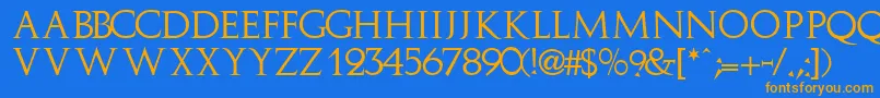 フォントImplicitcapssskRegular – オレンジ色の文字が青い背景にあります。