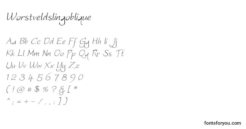 Шрифт Worstveldslingoblique – алфавит, цифры, специальные символы