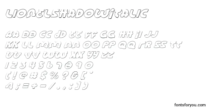 Czcionka LionelShadowItalic – alfabet, cyfry, specjalne znaki