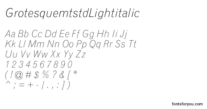 A fonte GrotesquemtstdLightitalic – alfabeto, números, caracteres especiais