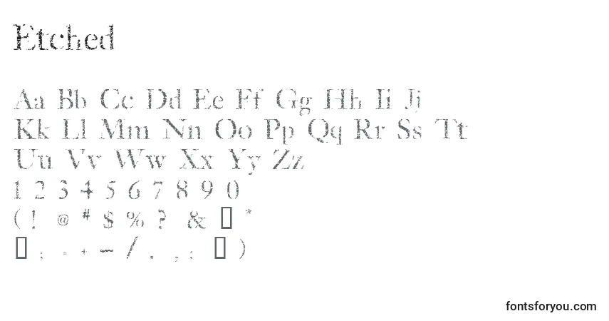 A fonte Etched – alfabeto, números, caracteres especiais