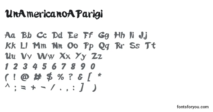 A fonte UnAmericanoAParigi – alfabeto, números, caracteres especiais