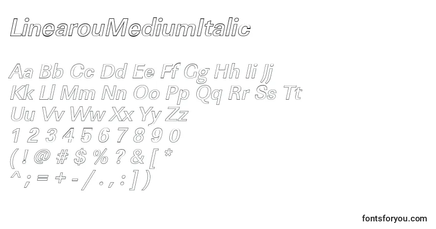 A fonte LinearouMediumItalic – alfabeto, números, caracteres especiais