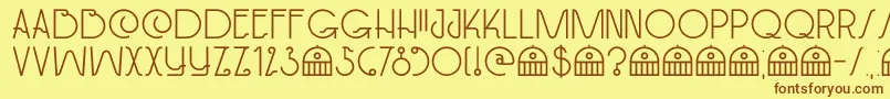 フォントDkPaviljoen – 茶色の文字が黄色の背景にあります。