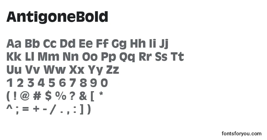 A fonte AntigoneBold – alfabeto, números, caracteres especiais
