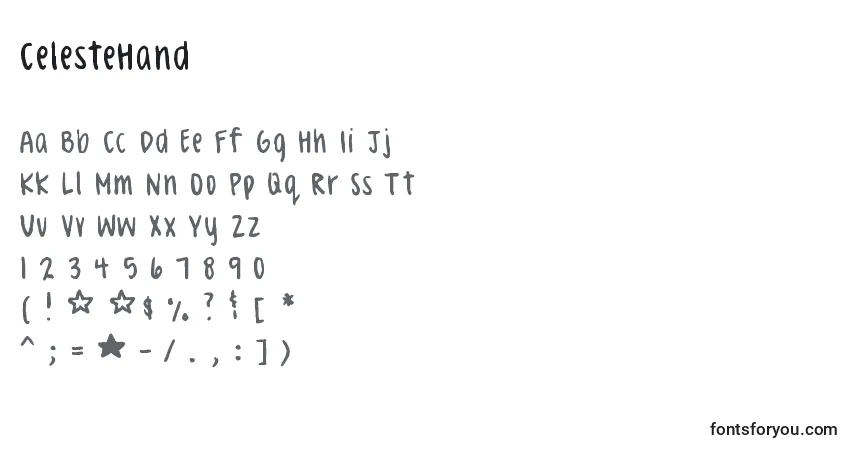 Czcionka CelesteHand – alfabet, cyfry, specjalne znaki