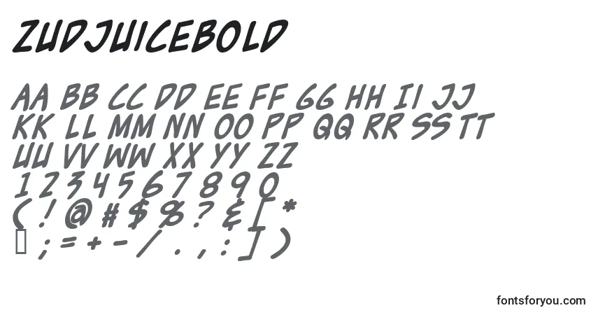 A fonte ZudJuiceBold – alfabeto, números, caracteres especiais