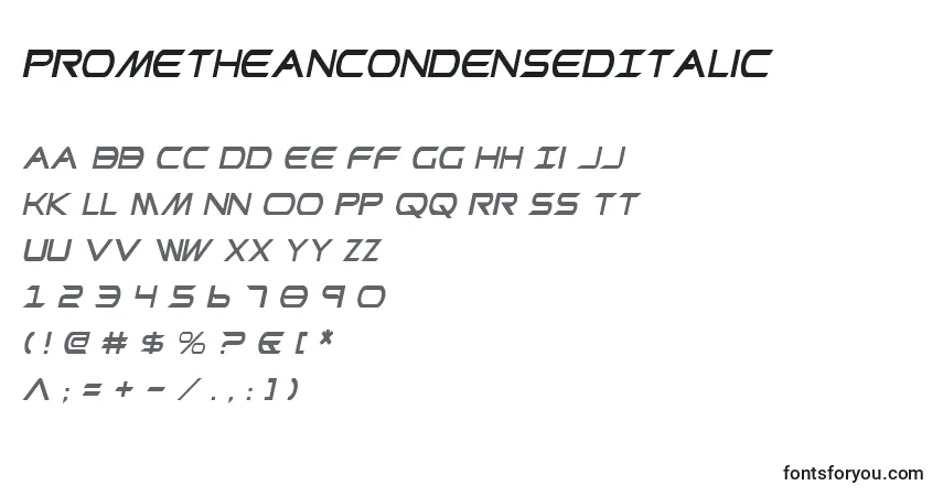 characters of prometheancondenseditalic font, letter of prometheancondenseditalic font, alphabet of  prometheancondenseditalic font
