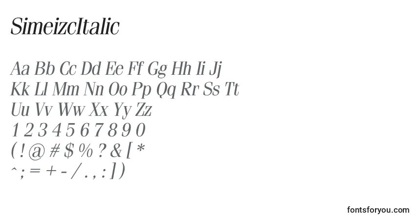 Czcionka SimeizcItalic – alfabet, cyfry, specjalne znaki