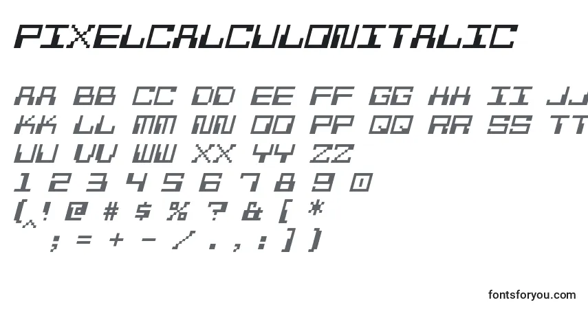 Czcionka PixelCalculonItalic – alfabet, cyfry, specjalne znaki