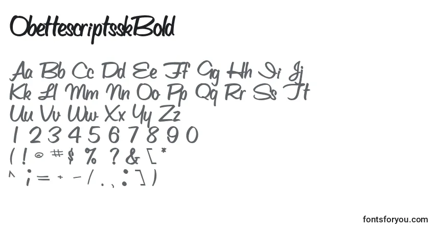 A fonte ObettescriptsskBold – alfabeto, números, caracteres especiais
