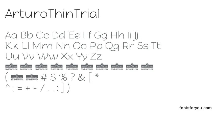 Czcionka ArturoThinTrial – alfabet, cyfry, specjalne znaki