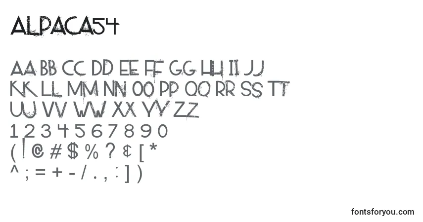 Czcionka Alpaca54 – alfabet, cyfry, specjalne znaki