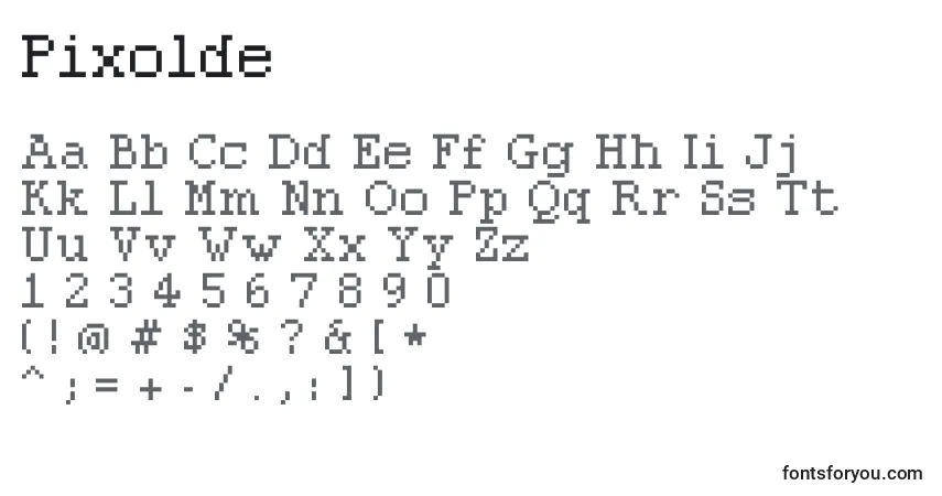 A fonte Pixolde – alfabeto, números, caracteres especiais
