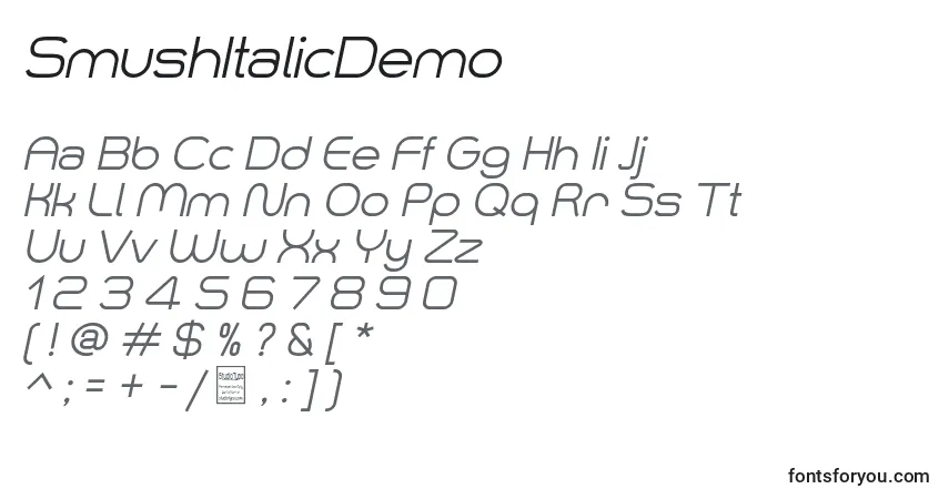 Schriftart SmushItalicDemo – Alphabet, Zahlen, spezielle Symbole