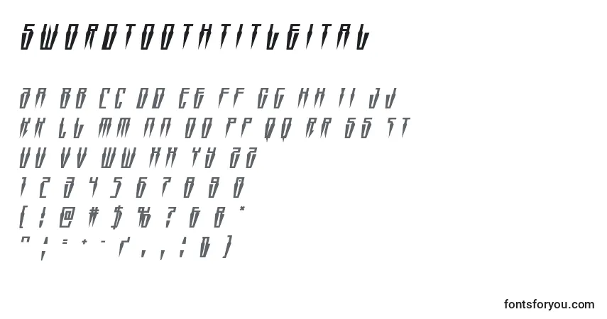 Czcionka Swordtoothtitleital – alfabet, cyfry, specjalne znaki