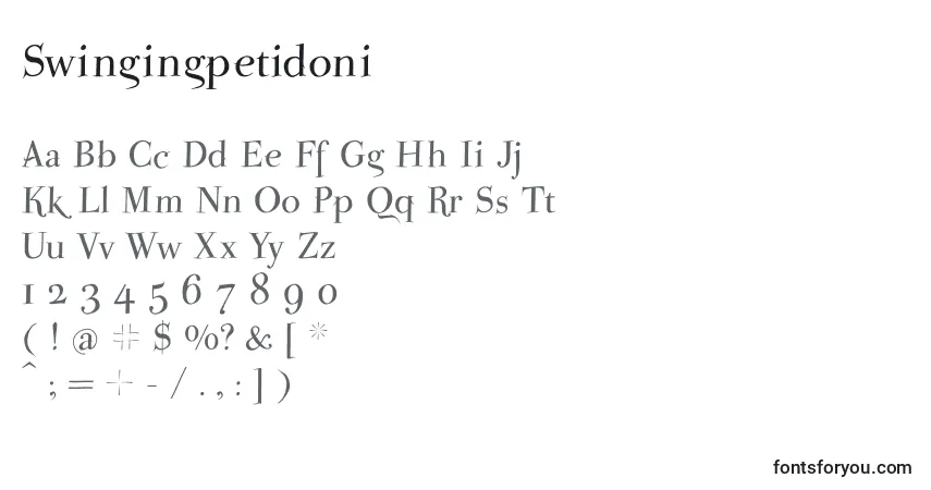 Schriftart Swingingpetidoni – Alphabet, Zahlen, spezielle Symbole