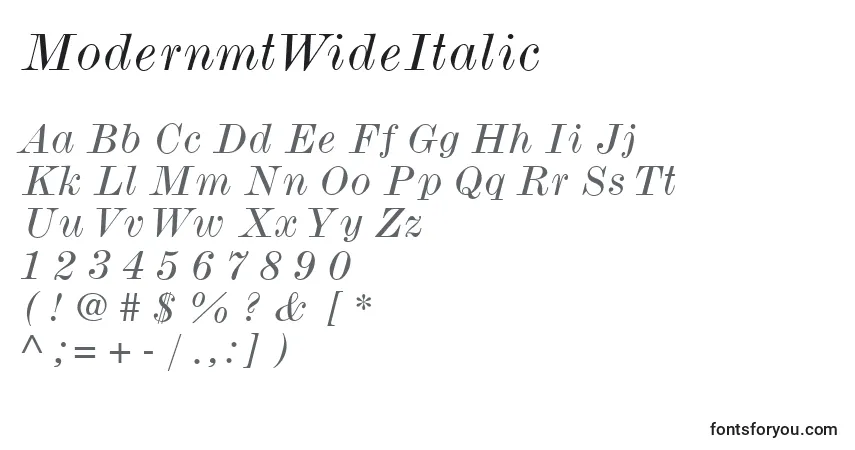 A fonte ModernmtWideItalic – alfabeto, números, caracteres especiais