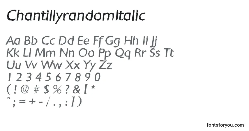 Czcionka ChantillyrandomItalic – alfabet, cyfry, specjalne znaki