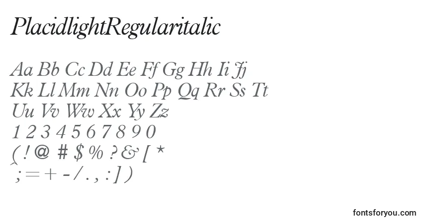 A fonte PlacidlightRegularitalic – alfabeto, números, caracteres especiais