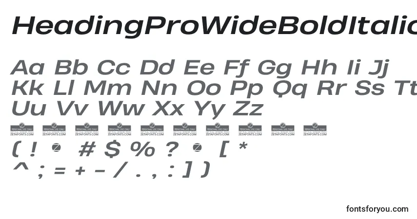 A fonte HeadingProWideBoldItalicTrial – alfabeto, números, caracteres especiais