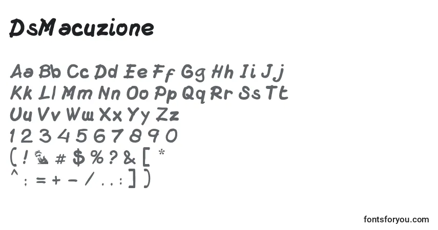 Czcionka DsMacuzione – alfabet, cyfry, specjalne znaki