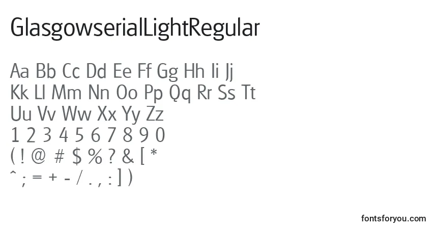 A fonte GlasgowserialLightRegular – alfabeto, números, caracteres especiais