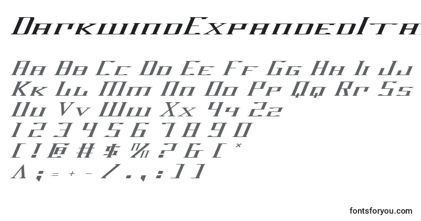 A fonte DarkwindExpandedItalic – alfabeto, números, caracteres especiais