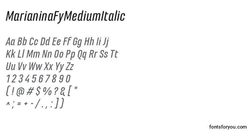 Schriftart MarianinaFyMediumItalic – Alphabet, Zahlen, spezielle Symbole
