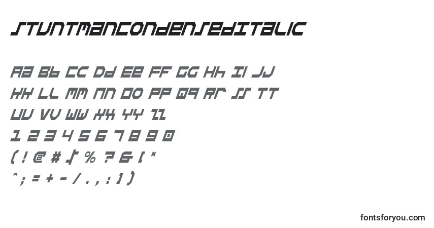 A fonte StuntmanCondensedItalic – alfabeto, números, caracteres especiais