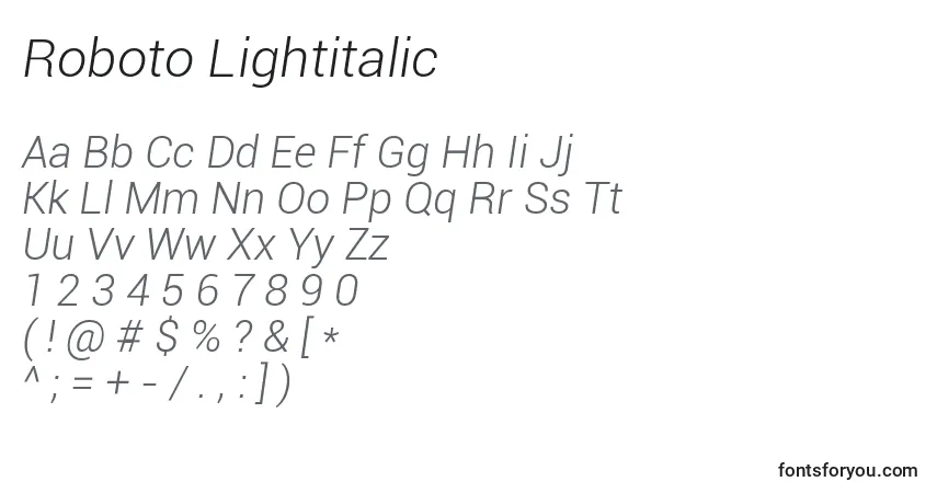 Czcionka Roboto Lightitalic – alfabet, cyfry, specjalne znaki
