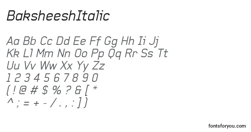 Schriftart BaksheeshItalic – Alphabet, Zahlen, spezielle Symbole