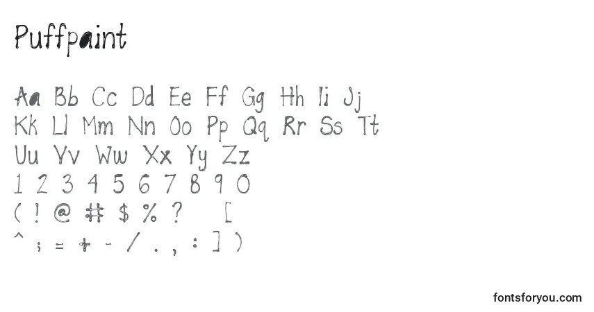 Schriftart Puffpaint – Alphabet, Zahlen, spezielle Symbole
